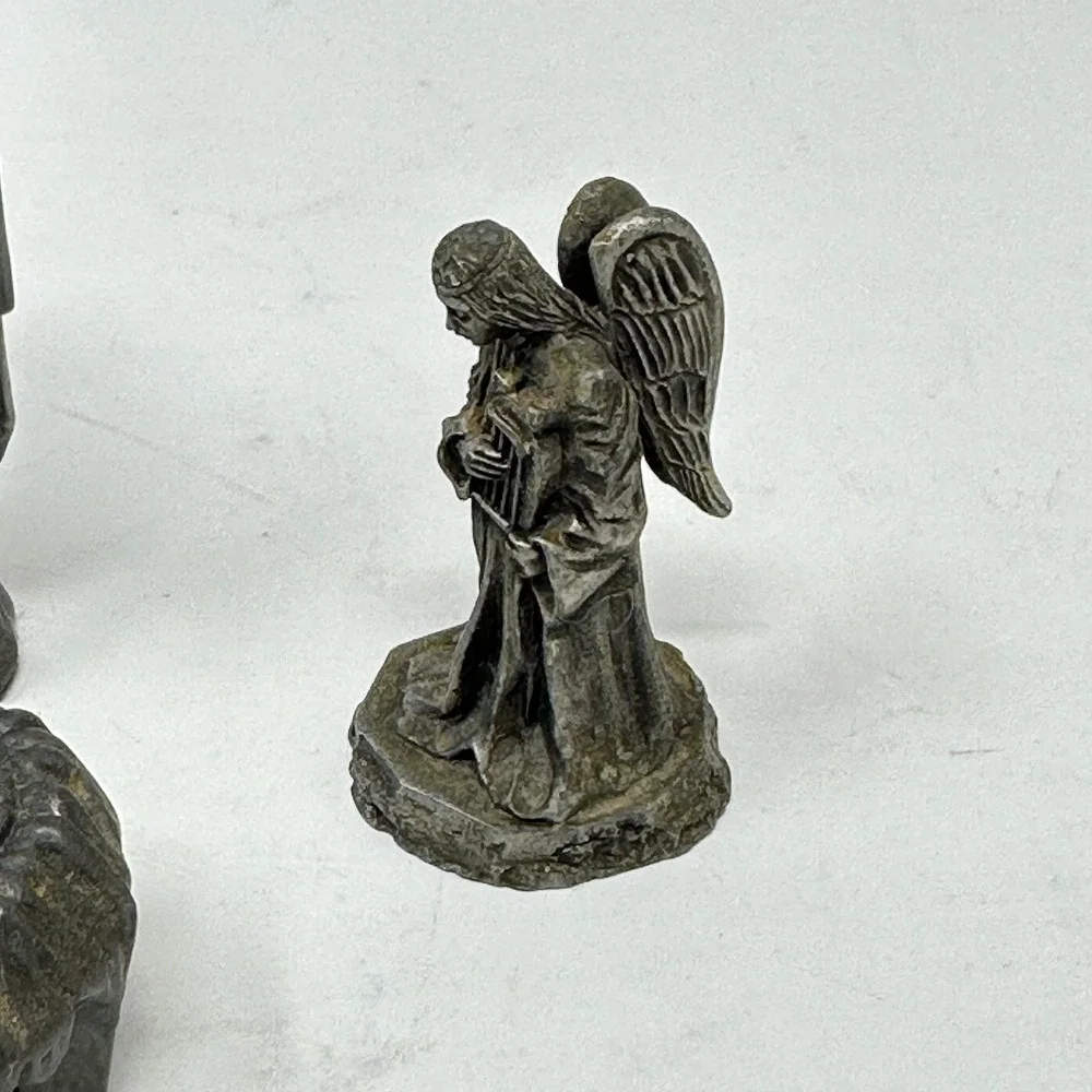 Vintage Pewter Tone Metal Nativity Set 4 Piece Holy Family Angel Figurines